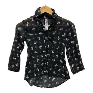 Beautees Skull Crossbones Sheer Button Down Graphic Shirt Womens S Goth Emo